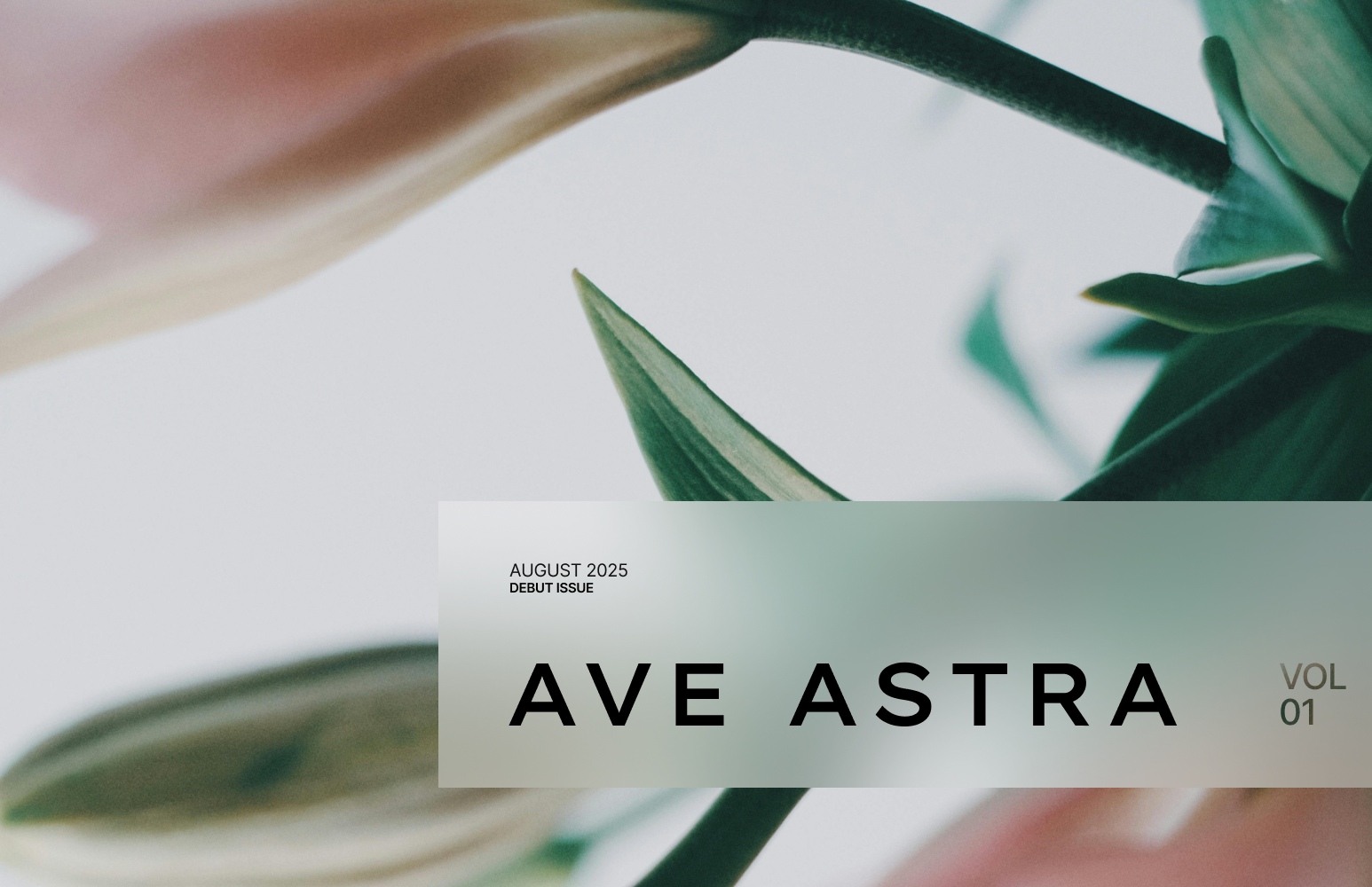 Ave Astra's Volume 01 cover featuring a close up of a light pink flower with vivid green stems and leaves.